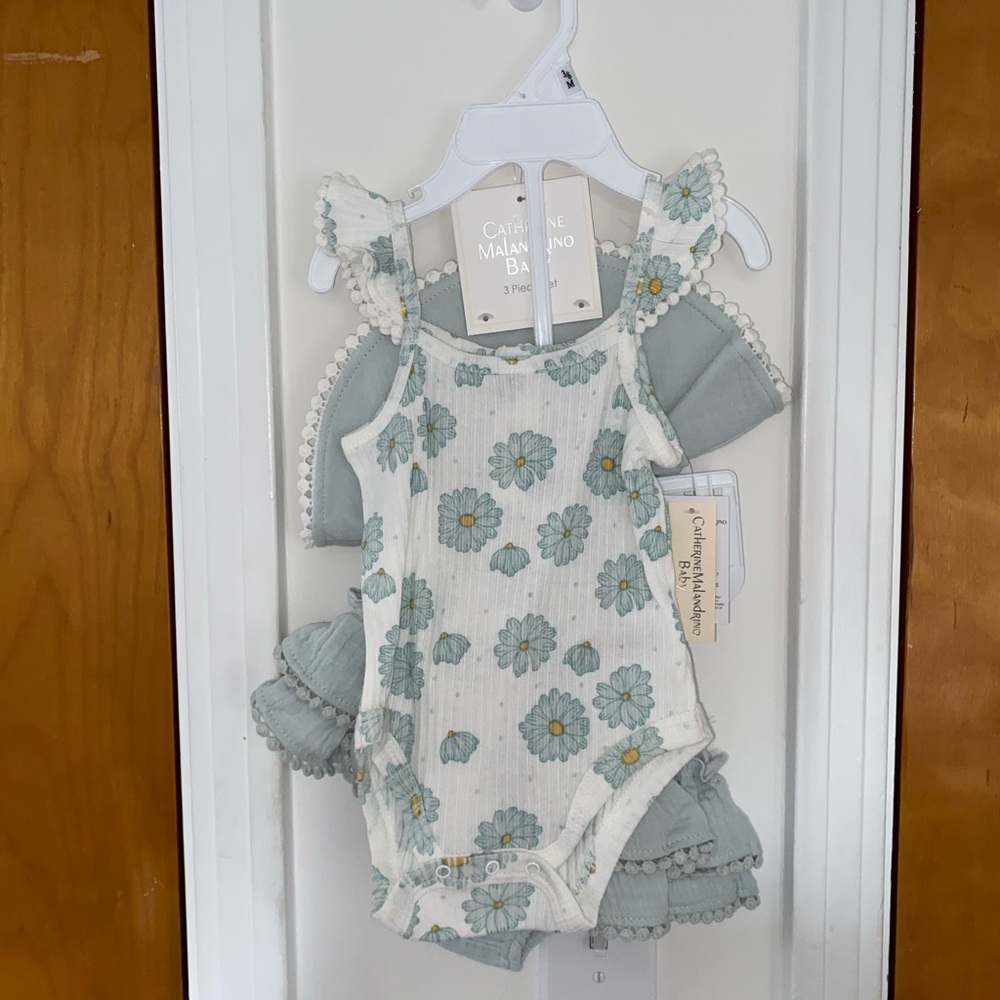 Catherine Malandrino Floral Baby Romper Set in Blue and White